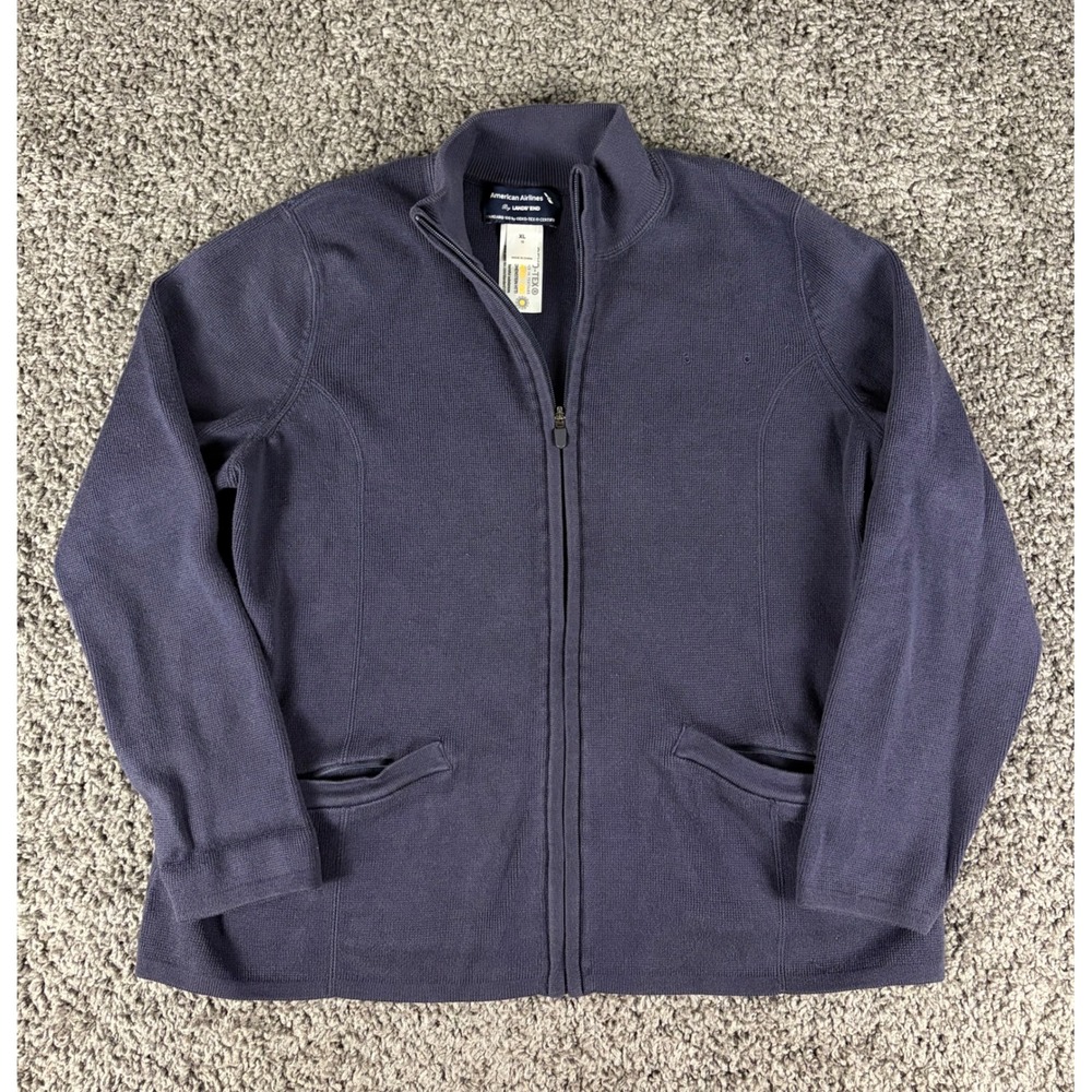 American Airlines Lands End Navy Blue Full Zip Cardigan Sweater XL 18 Uniform